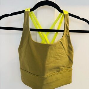 Lululemon Energy Bra Long Line Size 6 Olive Green Neon Strappy Back
